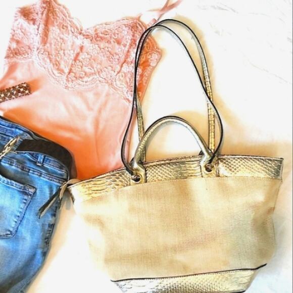 London Fog TOTE Bag 12x20 Gold Leather Trim Shoulder Strap 4 Feet Canvas Luxury - Picture 8 of 16